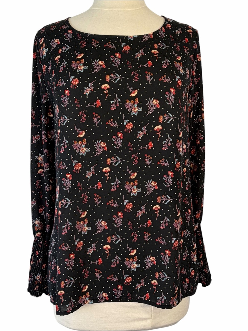 Anthropologie Pleione Top Flowy Scoop Neck Long Sleeve Floral Print Black - Picture 10 of 15